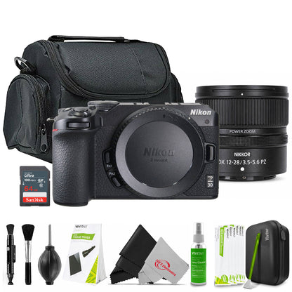 Nikon Z 30 Mirrorless Camera (Black) + Nikon NIKKOR Z DX 12-28mm f/3.5-5.6 PZ VR Lens (Nikon Z) + 64GB Memory Card + Cleaning Kit + Camera Case