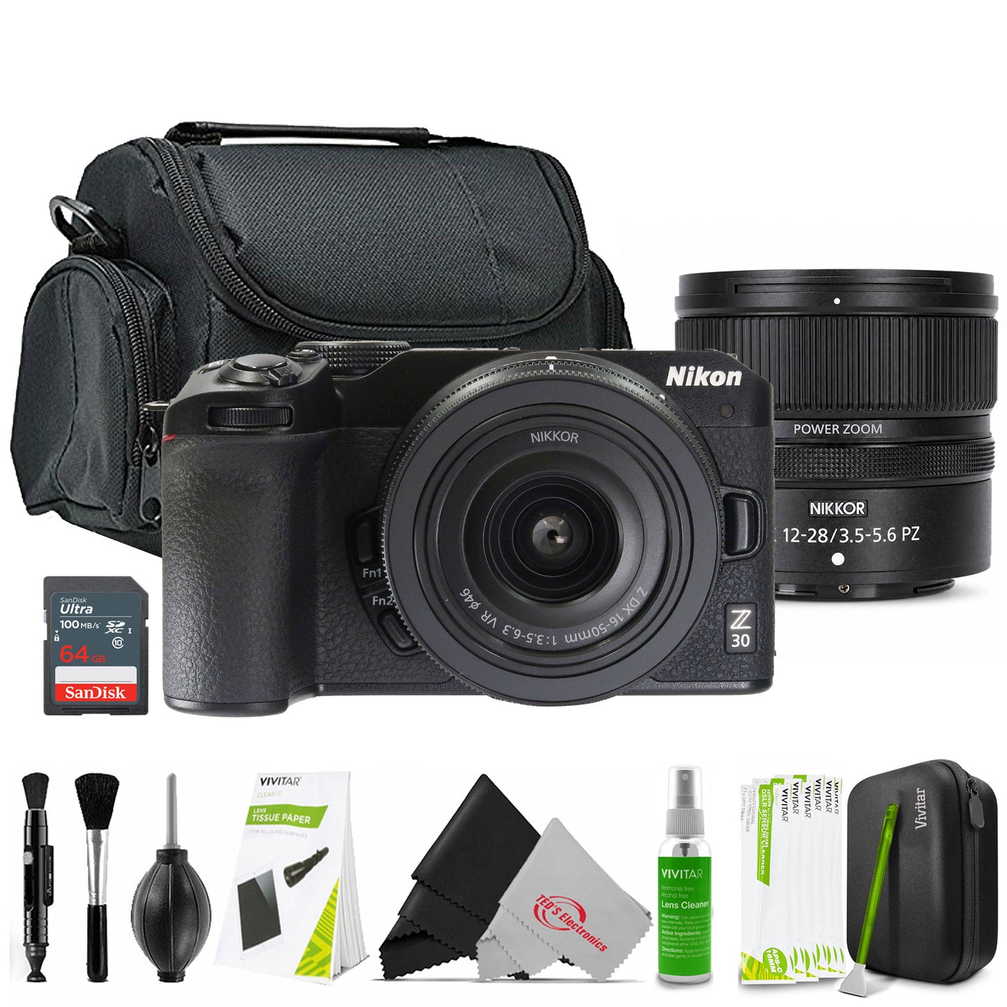 Nikon Z30 Mirrorless Camera with DX 16-50mm Lens (Black) + Nikon NIKKOR Z DX 12-28mm f/3.5-5.6 PZ VR Lens + 64GB Memory Card + Cleaning Kit + Camera Case