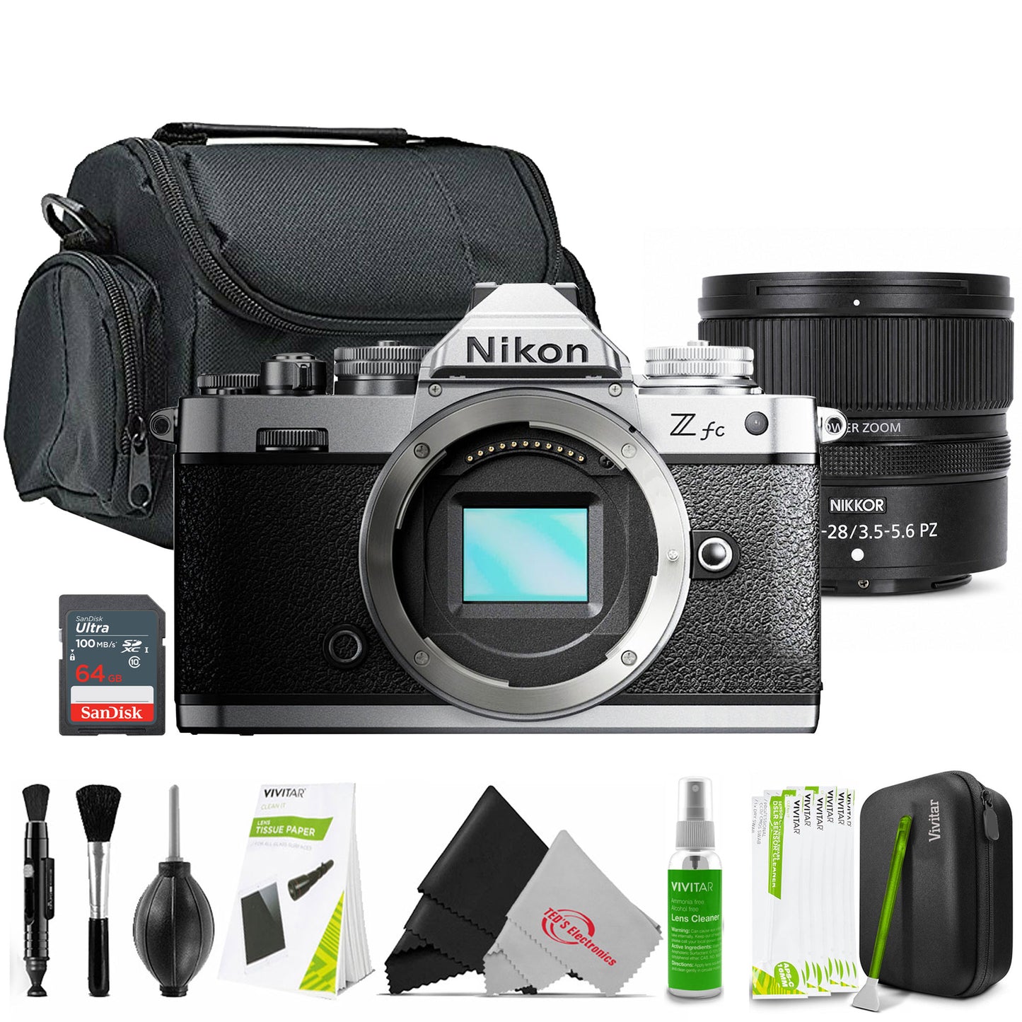 Nikon Z fc Mirrorless Digital Camera + Nikon NIKKOR Z DX 12-28mm f/3.5-5.6 PZ VR Lens (Nikon Z) + 64GB Memory Card + Cleaning Kit + Camera Case (Medium)