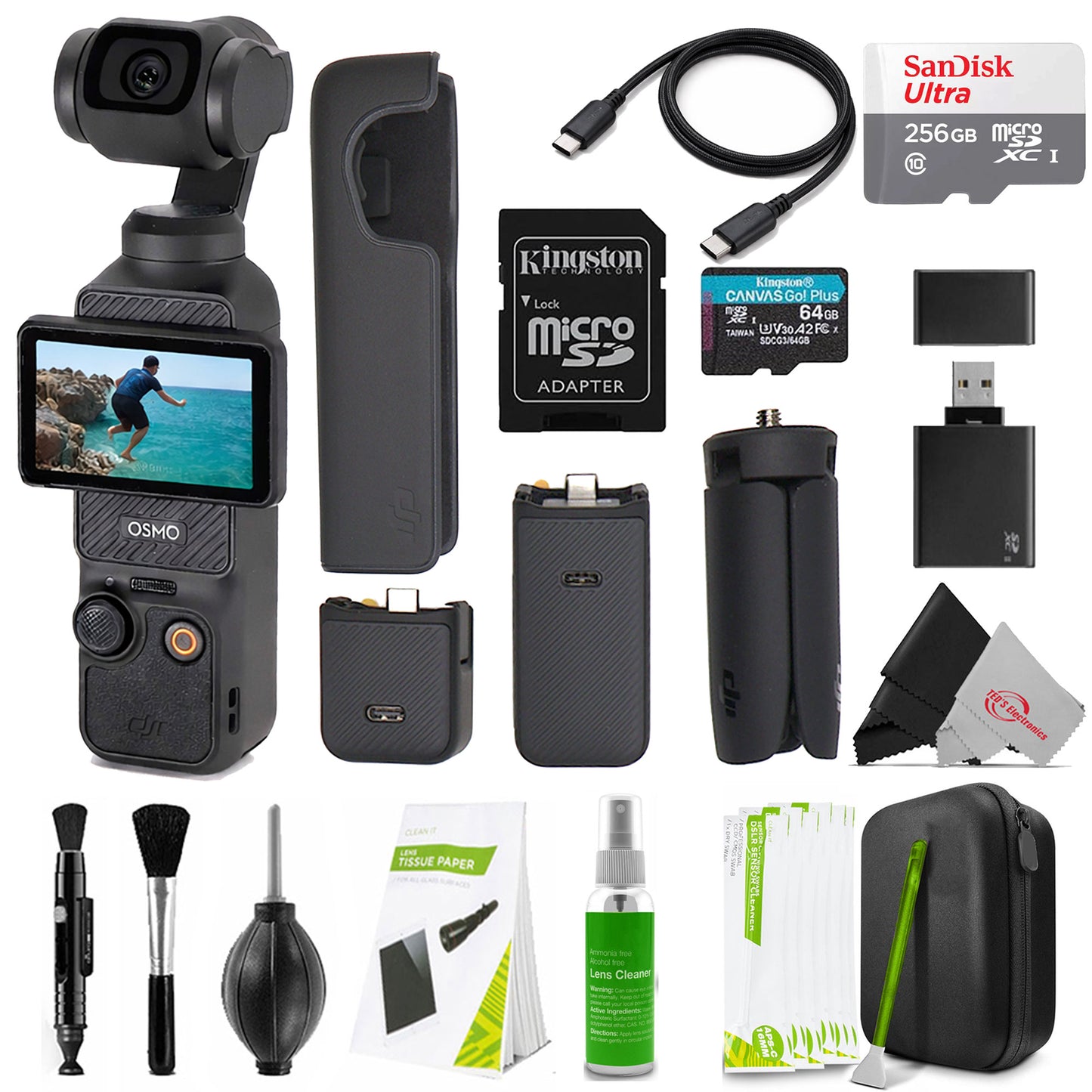 DJI Osmo Pocket 3 Capture More Combo – 4K/120fps Vlogging Camera + 256GB Micro SDXC Memory Card + Memory Card Reader + Cleaning Kit