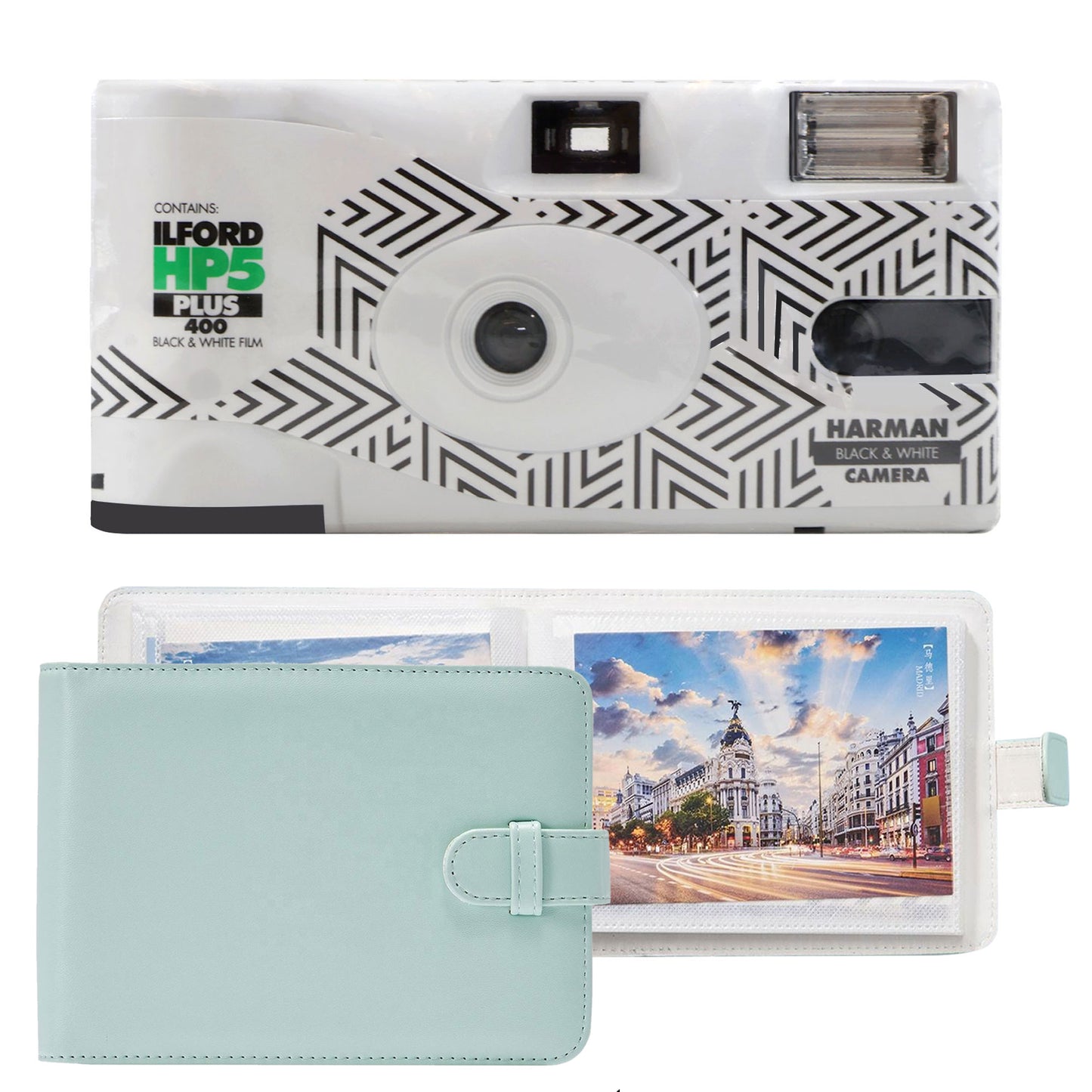 Ilford HP5 Plus Black & White Single-Use Film Camera (35mm Roll Film, 27 Exposures) + 6" 40 Pockets PU Leather Photo Storage Album (4x6 Inch, 80 Photos)