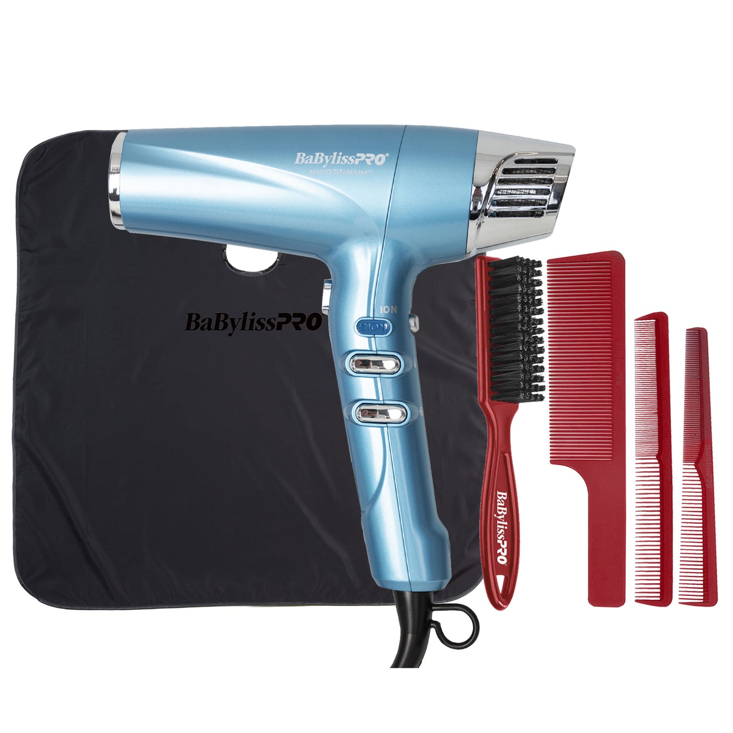BaByliss Pro Nano Titanium High-Speed Dual Ionic Hair Dryer BNT9100 (Blue) + BaByliss Pro Barberology Professional Cutting Cape BBCAPEMB + Fade Brush - Red + Comb Set (Clipper, Cutting, Taper Combs) - Red