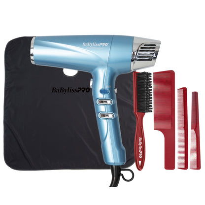 BaByliss Pro Nano Titanium High-Speed Dual Ionic Hair Dryer BNT9100 (Blue) + BaByliss Pro Barberology Professional Cutting Cape BBCAPEMB + Fade Brush - Red + Comb Set (Clipper, Cutting, Taper Combs) - Red