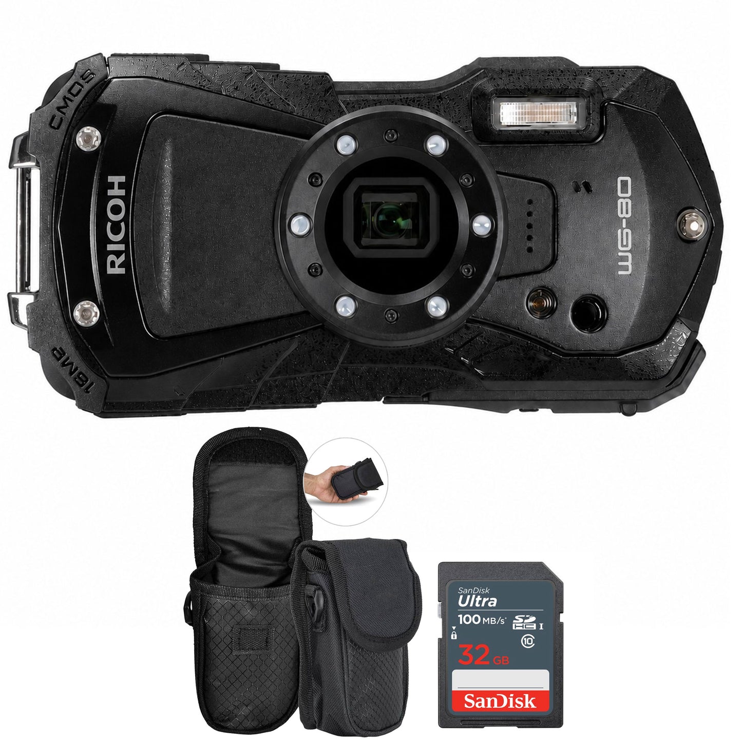 Ricoh WG-80 Waterproof Digital Camera (Black) with 32GB Card and Camera Case