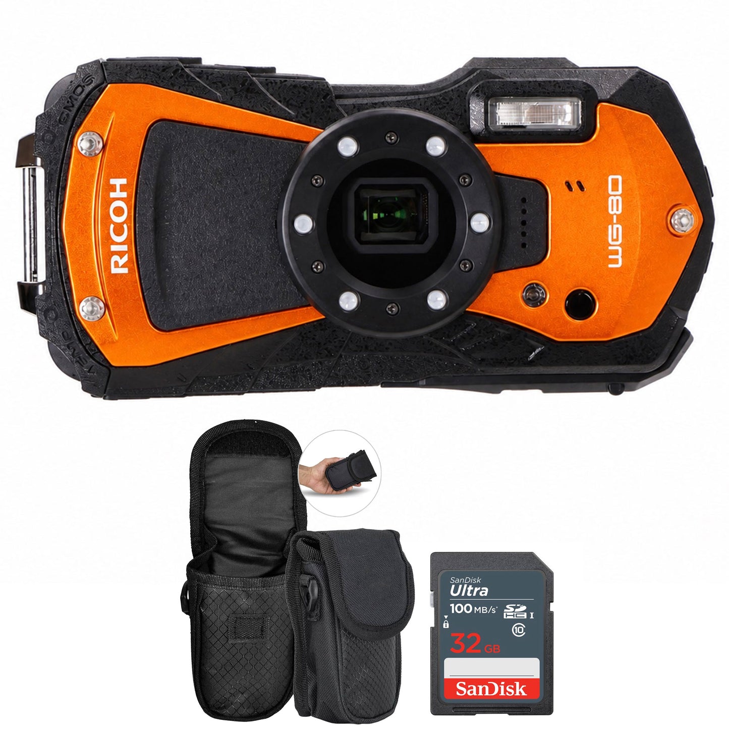 Ricoh WG-80 Waterproof Digital Camera Orange with 32GB Card and Camera Case
