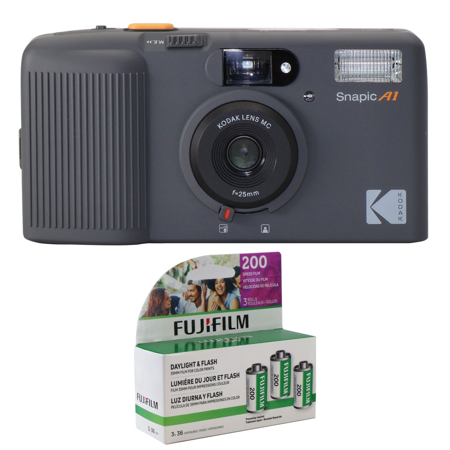 Kodak Snapic A1 35mm Film Camera (Rhino Gray) + 200 Color Negative Film - 3 Pack