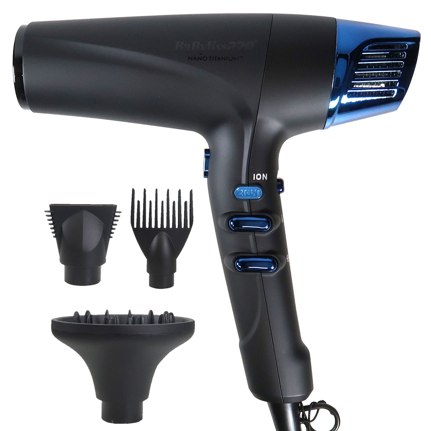 BaByliss Pro Limited-Edition Nano Titanium Professional High-Speed Dual Ionic Dryer Black & Blue #BNTMB9100 + BaByliss Pro Porcelain Ceramic Limited Edition Straightening Iron 1" and Spring Curling Iron 1¼" Styling Set #BPCPP6UC