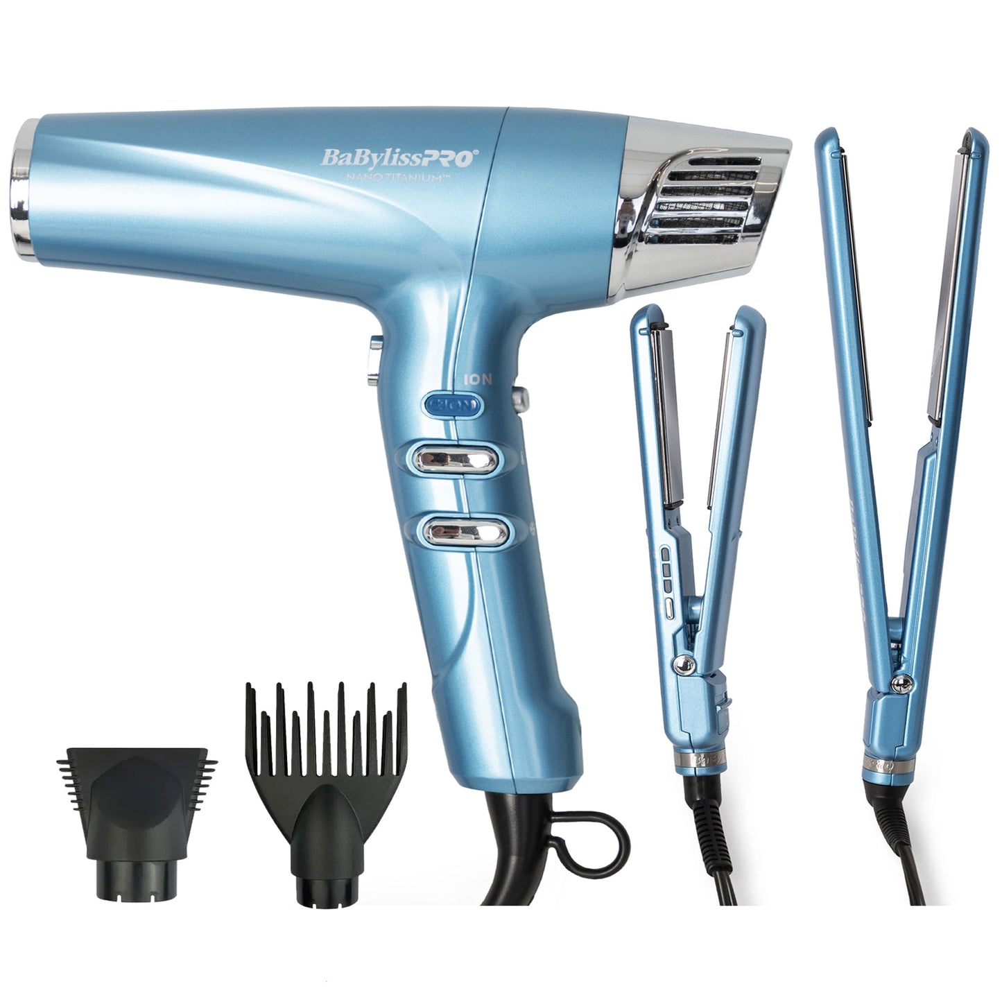 BaByliss Pro Nano Titanium High-Speed Dual Ionic Hair Dryer BNT9100 (Blue) + 1" Full-Size & 1" Compact Ultra-Thin Flat Iron Prepack BNTPP84