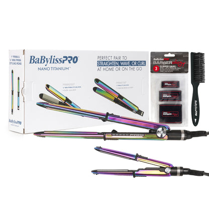 BaByliss Pro Nano Titanium Prima3100 & Prima2000 Styling Irons Prepack BNTPK1RB (Iridescent) + Clipper Grips 3-Pack + Fade Brush