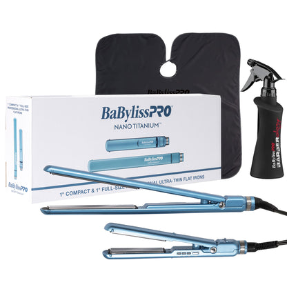 BaByliss Pro Nano Titanium 1" Full-Size & 1" Compact Ultra-Thin Flat Iron Prepack BNTPP84 + Barberology 10oz Spray Bottle + Professional Cutting Cape