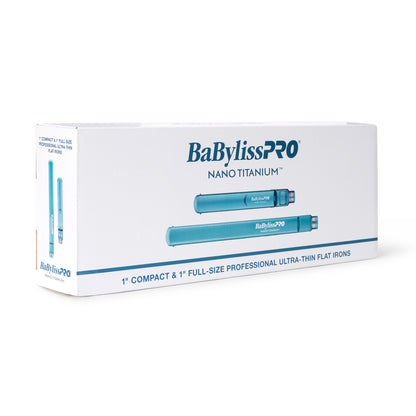 BaByliss Pro Nano Titanium 1" Full-Size & 1" Compact Ultra-Thin Flat Iron Prepack BNTPP84 + Barberology 10oz Spray Bottle + Professional Cutting Cape