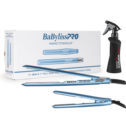 BaByliss Pro Nano Titanium 1" Ultra-Sleek Flat Iron & 3/4" Ultra-Sleek Straightener Prepack BNTPP93 + Spray Bottle