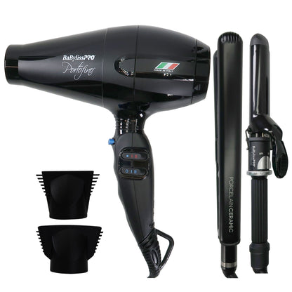 BaByliss Pro Portofino 2000 Watts Dryer Black #BPOR1 + Porcelain Ceramic Limited Edition Straightening Iron 1" and Spring Curling Iron 1¼" Styling Set