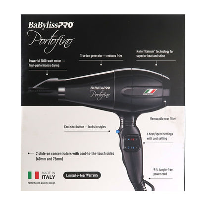 BaByliss Pro Portofino 2000 Watts Dryer Black #BPOR1 + Porcelain Ceramic Limited Edition Straightening Iron 1" and Spring Curling Iron 1¼" Styling Set