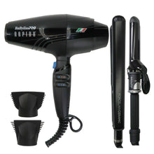 BaBylissPRO Rapido 2000 Watt Nano Titanium Italian Performance Lightest Professional Hair Dryer Black - #BRAP1 + BaByliss Pro Porcelain Ceramic Limited Edition Straightening Iron 1" and Spring Curling Iron 1¼" Styling Set #BPCPP6UC