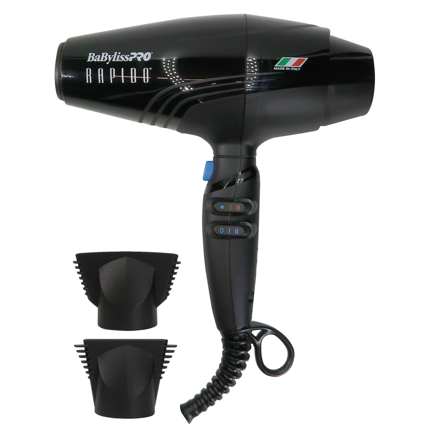 BaBylissPRO Rapido 2000 Watt Nano Titanium Italian Performance Lightest Professional Hair Dryer Black - #BRAP1 + BaByliss Pro Porcelain Ceramic Limited Edition Straightening Iron 1" and Spring Curling Iron 1¼" Styling Set #BPCPP6UC