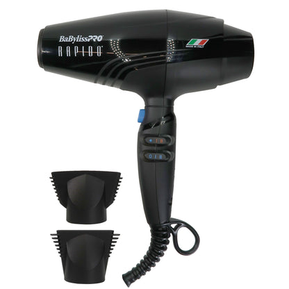 BaBylissPRO Rapido 2000 Watt Nano Titanium Italian Performance Lightest Professional Hair Dryer Black - #BRAP1 + BaByliss Pro Porcelain Ceramic Limited Edition Straightening Iron 1" and Spring Curling Iron 1¼" Styling Set #BPCPP6UC
