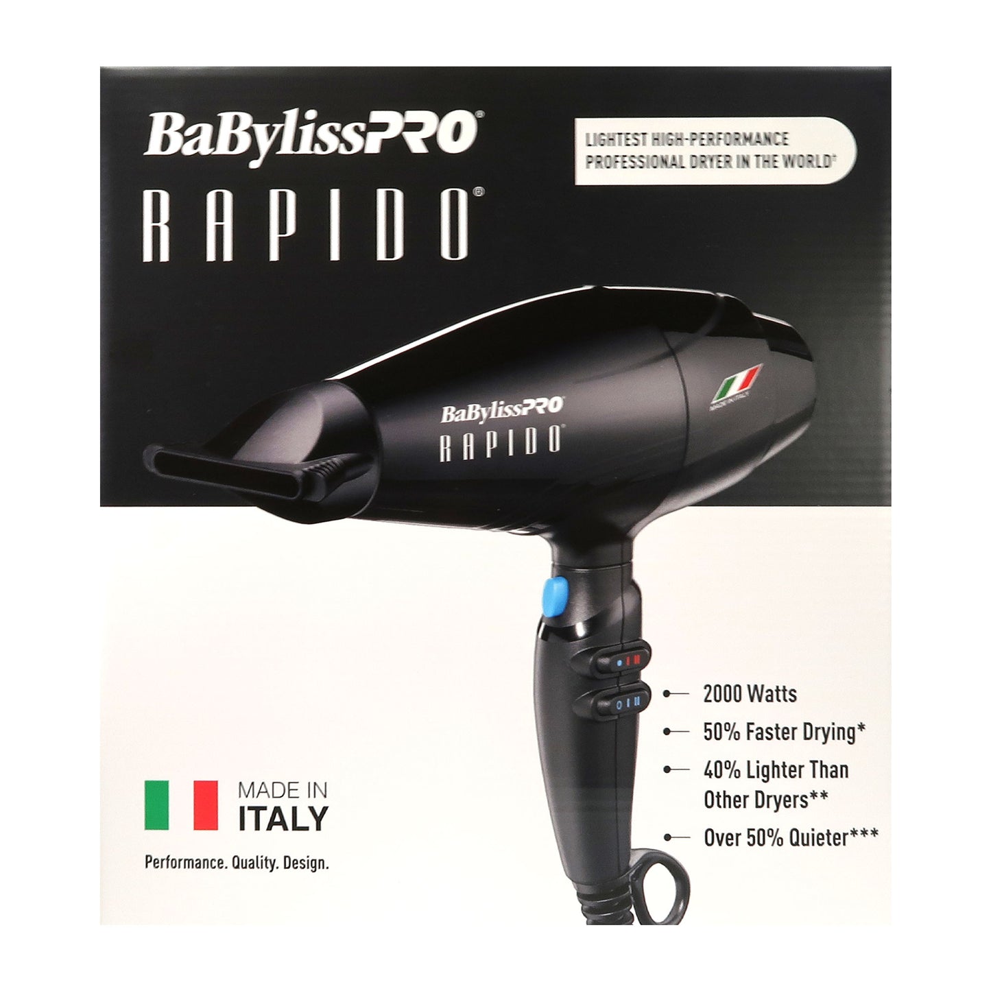 BaBylissPRO Rapido 2000 Watt Nano Titanium Italian Performance Lightest Professional Hair Dryer Black - #BRAP1 + BaByliss Pro Porcelain Ceramic Limited Edition Straightening Iron 1" and Spring Curling Iron 1¼" Styling Set #BPCPP6UC
