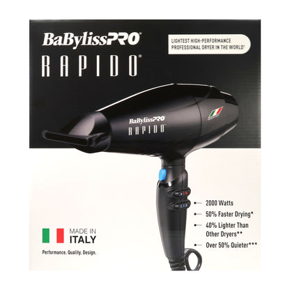 BaBylissPRO Rapido 2000 Watt Nano Titanium Italian Performance Lightest Professional Hair Dryer Black - #BRAP1 + BaByliss Pro Porcelain Ceramic Limited Edition Straightening Iron 1" and Spring Curling Iron 1¼" Styling Set #BPCPP6UC