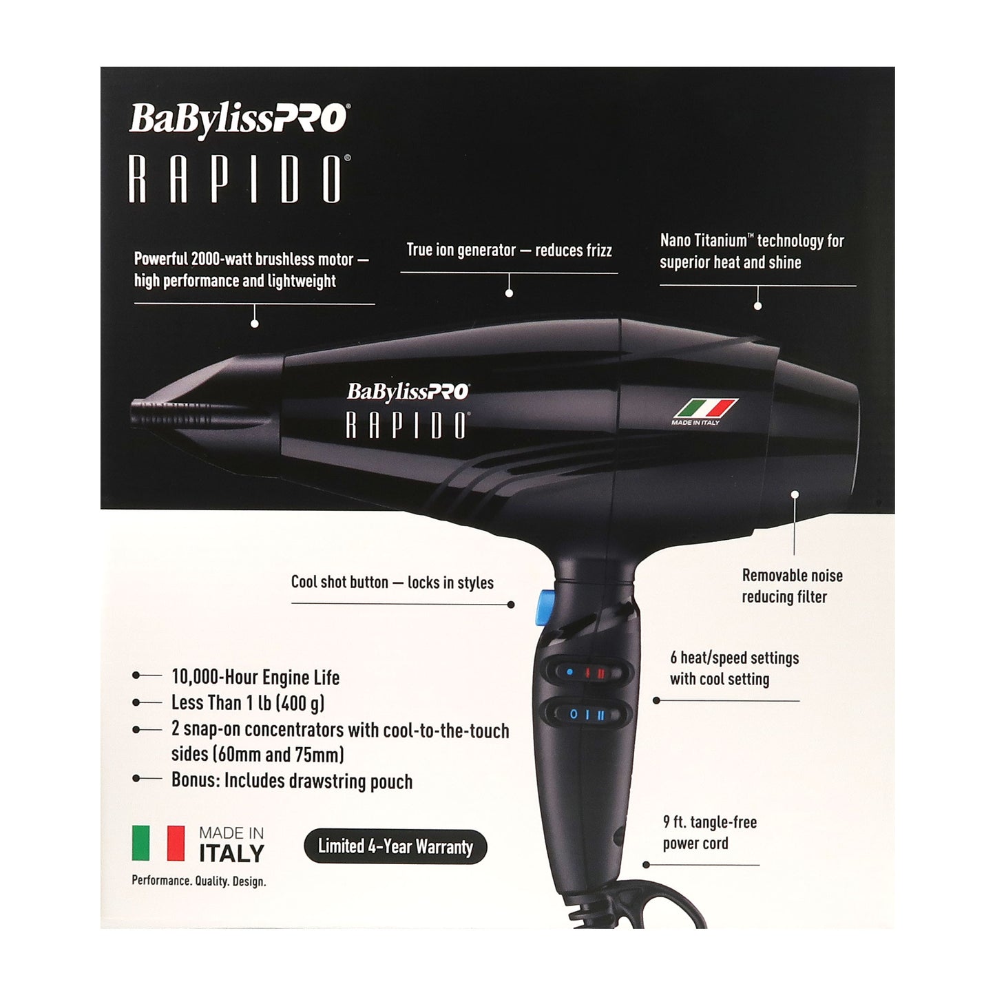 BaBylissPRO Rapido 2000 Watt Nano Titanium Italian Performance Lightest Professional Hair Dryer Black - #BRAP1 + BaByliss Pro Porcelain Ceramic Limited Edition Straightening Iron 1" and Spring Curling Iron 1¼" Styling Set #BPCPP6UC