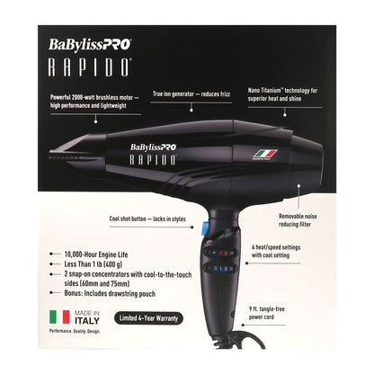 BaBylissPRO Rapido 2000 Watt Nano Titanium Italian Performance Lightest Professional Hair Dryer Black - #BRAP1 + BaByliss Pro Porcelain Ceramic Limited Edition Straightening Iron 1" and Spring Curling Iron 1¼" Styling Set #BPCPP6UC