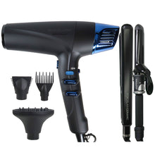 BaByliss Pro Limited-Edition Nano Titanium Professional High-Speed Dual Ionic Dryer Black & Blue #BNTMB9100 + BaByliss Pro Porcelain Ceramic Limited Edition Straightening Iron 1" and Spring Curling Iron 1¼" Styling Set #BPCPP6UC