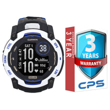 Garmin Instinct 3 Solar Rugged Outdoor GPS Smartwatch – 50 mm, Silicone Band (Whitestone with Black/Bolt Blue) + 3 Year Repair and Replace Protection Plan