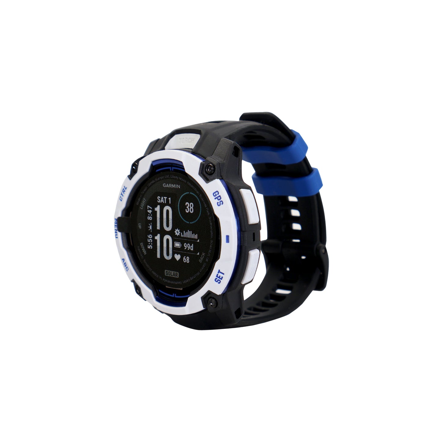 Garmin Instinct 3 Solar Rugged Outdoor GPS Smartwatch – 50 mm, Silicone Band (Whitestone with Black/Bolt Blue) + 3 Year Repair and Replace Protection Plan