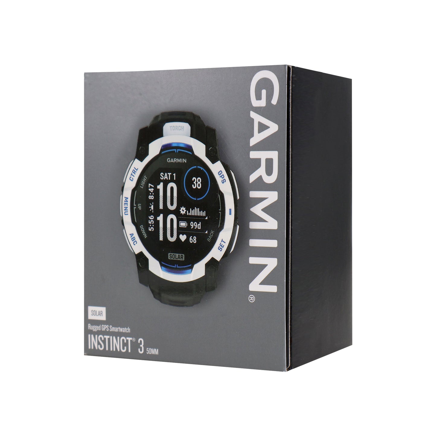 Garmin Instinct 3 Solar Rugged Outdoor GPS Smartwatch – 50 mm, Silicone Band (Whitestone with Black/Bolt Blue) + 3 Year Repair and Replace Protection Plan