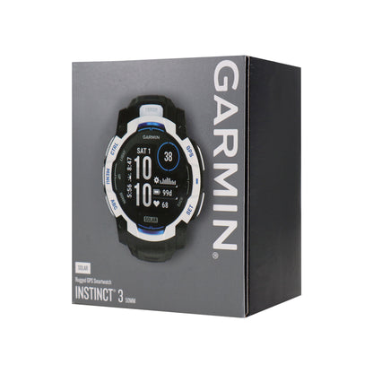 Garmin Instinct 3 Solar Rugged Outdoor GPS Smartwatch – 50 mm, Silicone Band (Whitestone with Black/Bolt Blue) + 3 Year Repair and Replace Protection Plan