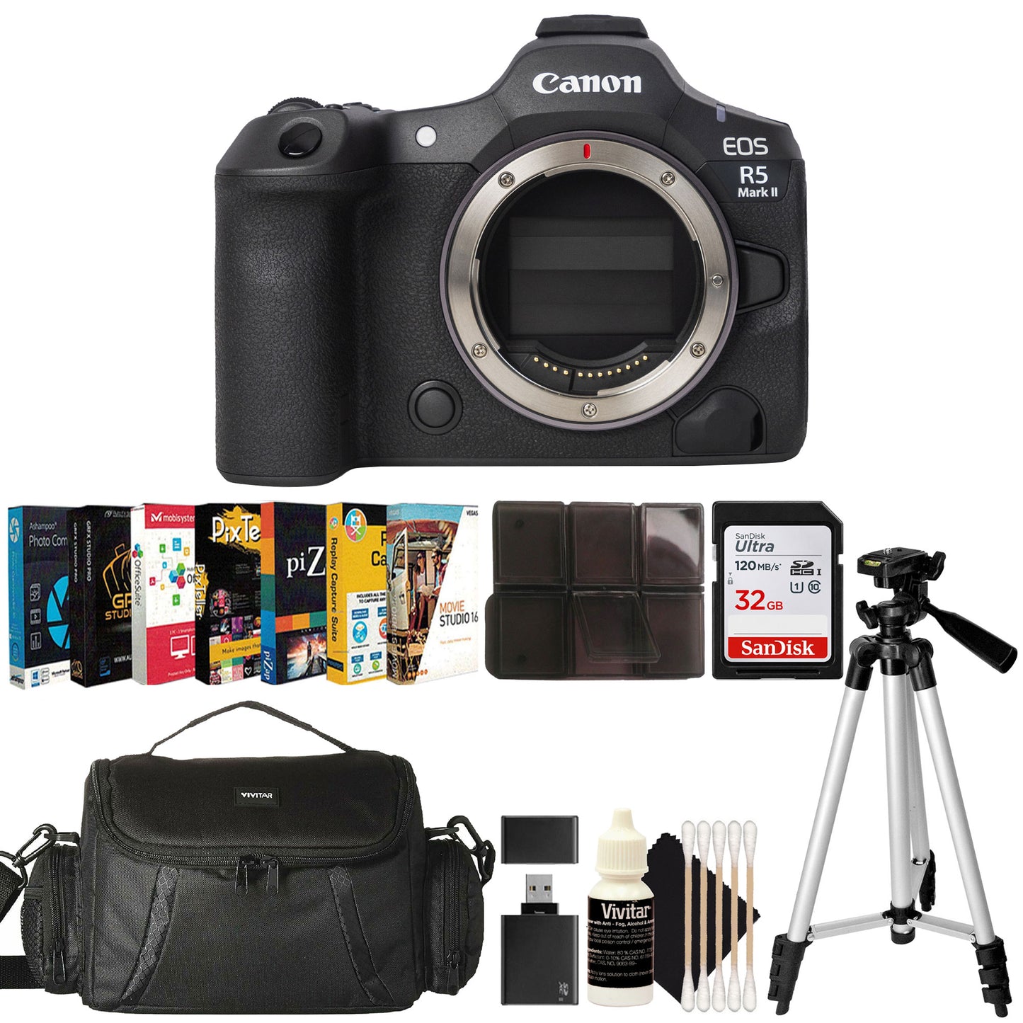 Canon EOS R5 Mark II Mirrorless Camera (Body Only) - Black + Vivitar 72mm Professional Multi-Coated Digital UV CPL FLD Camera Lens Filter Kit + Lens Cap + Lens Cap Holder + 3 Piece Cleaning Kit for All 72mm Lenses + Microfiber Cleaning Cloth + Memory Card