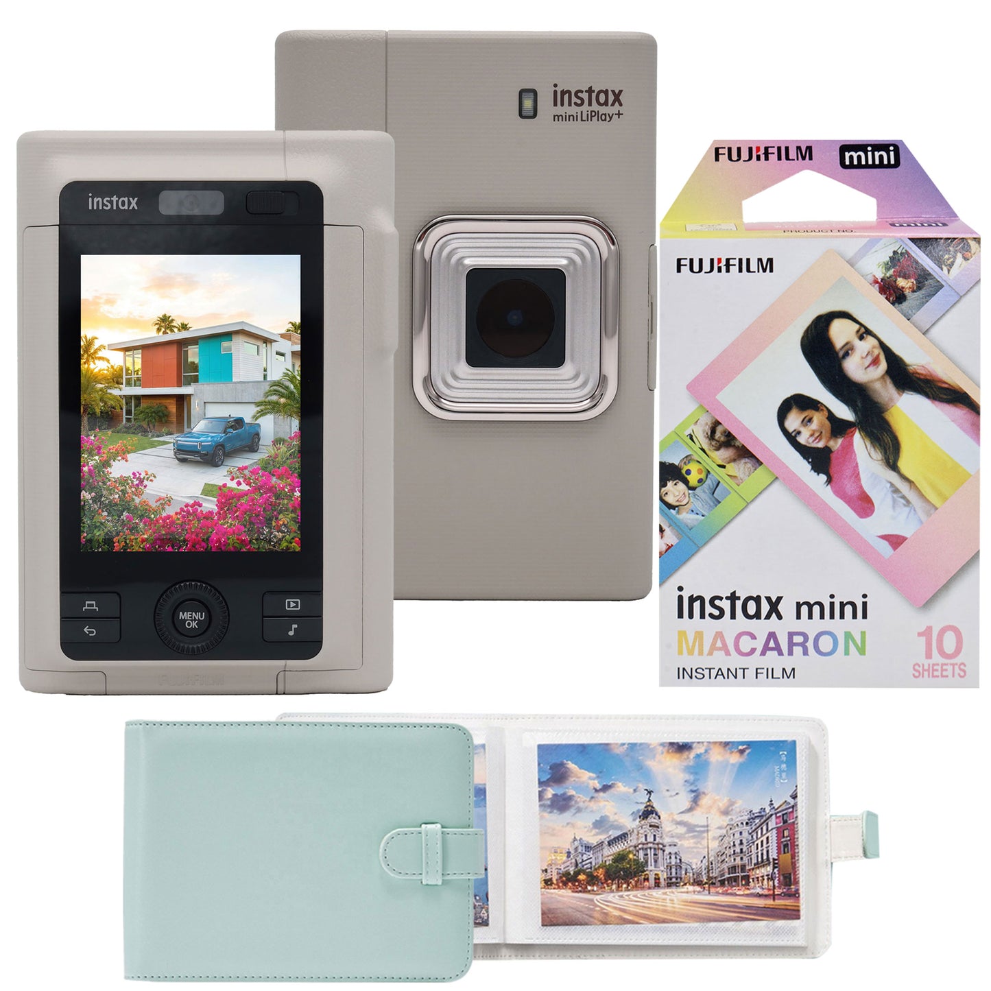 FUJIFILM instax mini LiPlay+ Hybrid Instant Camera - Sand Beige with Instant Film (Macaron, 10 Exp) and Photo Album