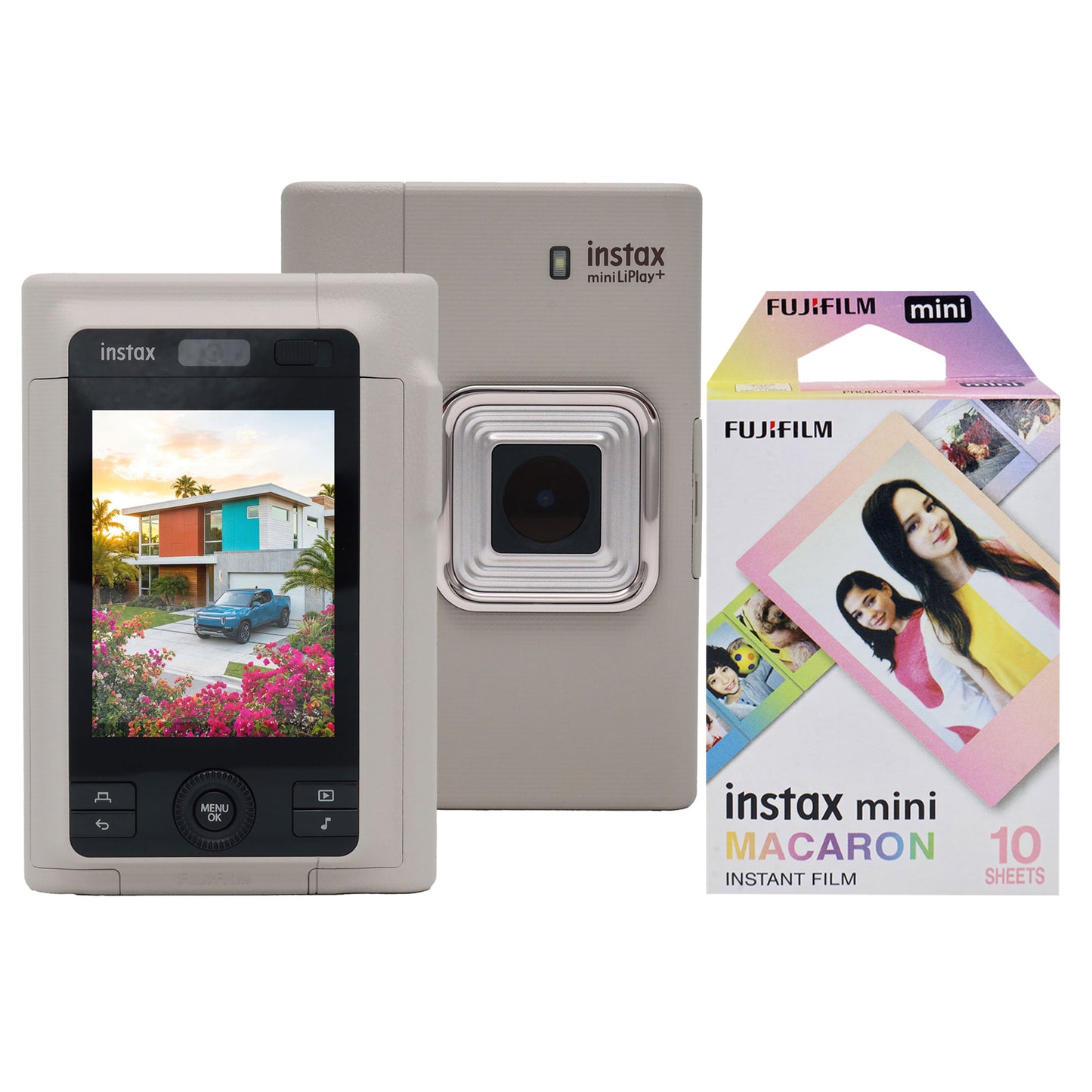 FUJIFILM instax mini LiPlay+ Hybrid Instant Camera - Sand Beige with Instax Mini Instant Film (Macaron, 10 Exp)