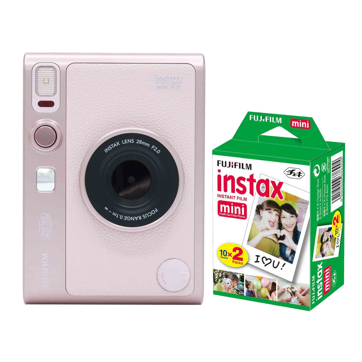 FUJIFILM INSTAX MINI EVO Hybrid Instant Camera (Gentle Rose) + Instax Mini Film Pack (2x10)