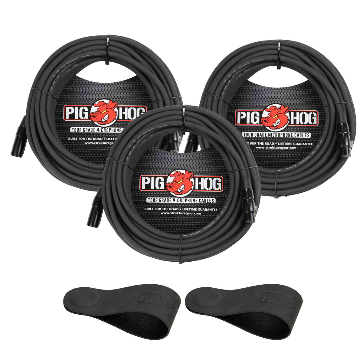 Pig Hog 8mm XLR Microphone Cable Male to Female 30 Ft Fully Balanced Premium Mic Cable (x3) + Magnetic Cable Organizer (x2)