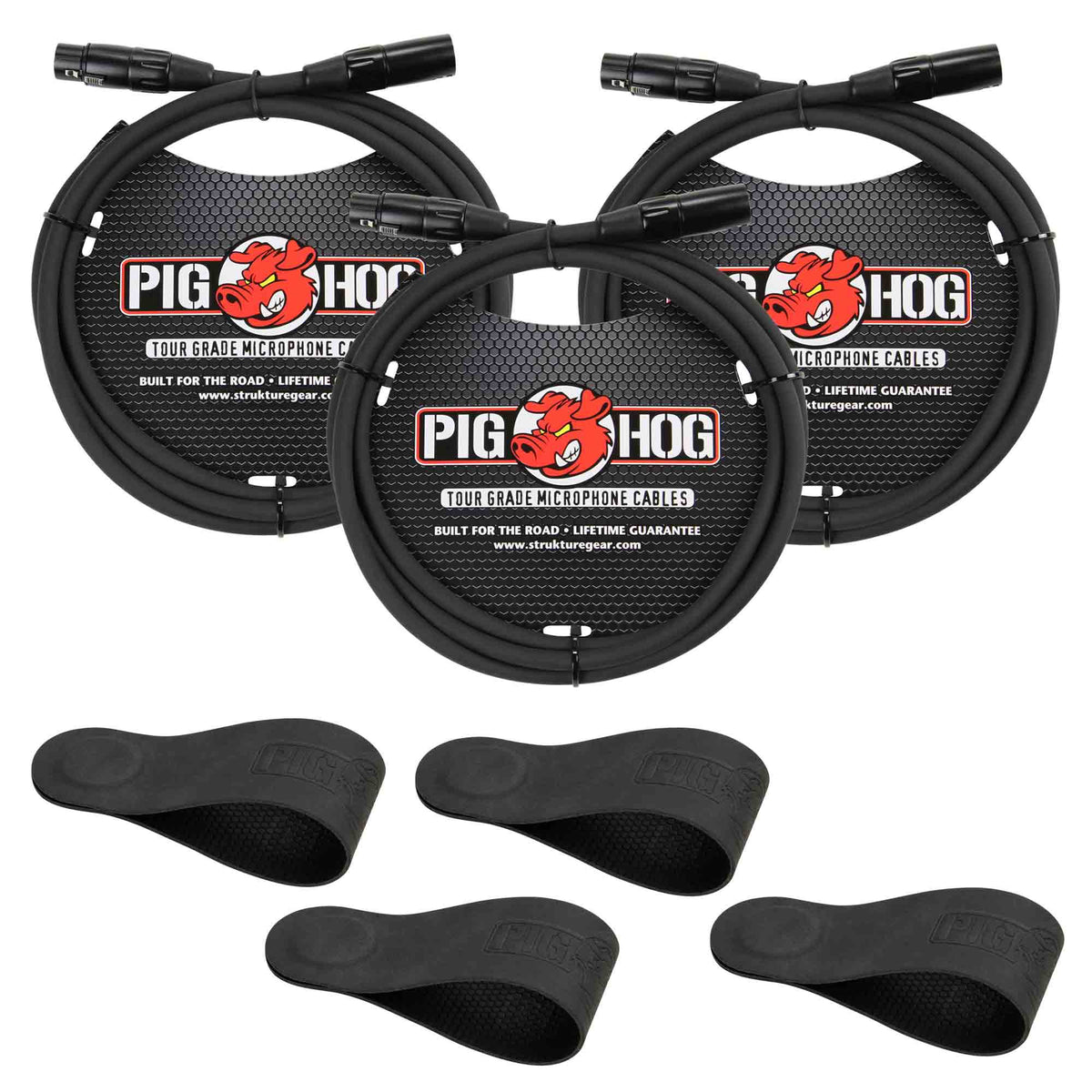 Pig Hog 8mm XLR Microphone Cable Male to Female 6 Ft Fully Balanced Premium Mic Cable - 5 Units + Pig Hog Magnetic Cable Organizer - 2 Pack