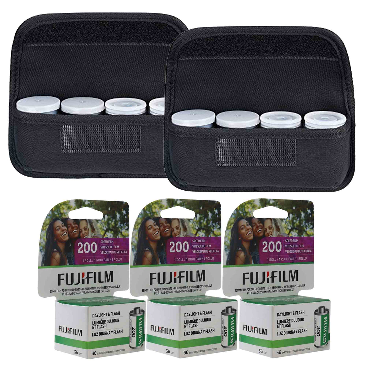 Fujifilm 200 Color Negative 35mm Film (36 Exposures) - 3 Pack (X3) + 35mm Film Roll Neoprene Storage Carrying Case Bag (x2)