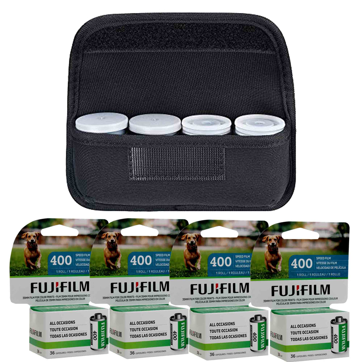 FUJIFILM 400 Color Negative Film (35mm Roll Film, 36 Exposures) x4 + 35mm Roll Film Storage Carrying Case Bag with 4 Compartments