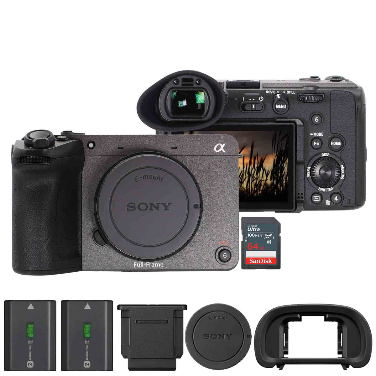 Sony FX2 Full-Frame Digital Cinema Line Camera (Gray) + Sony NP-FZ100 InfoLITHIUM Z-Series Rechargeable Battery (2280mAh) + 64GB SDXC UHS-I Memory Card