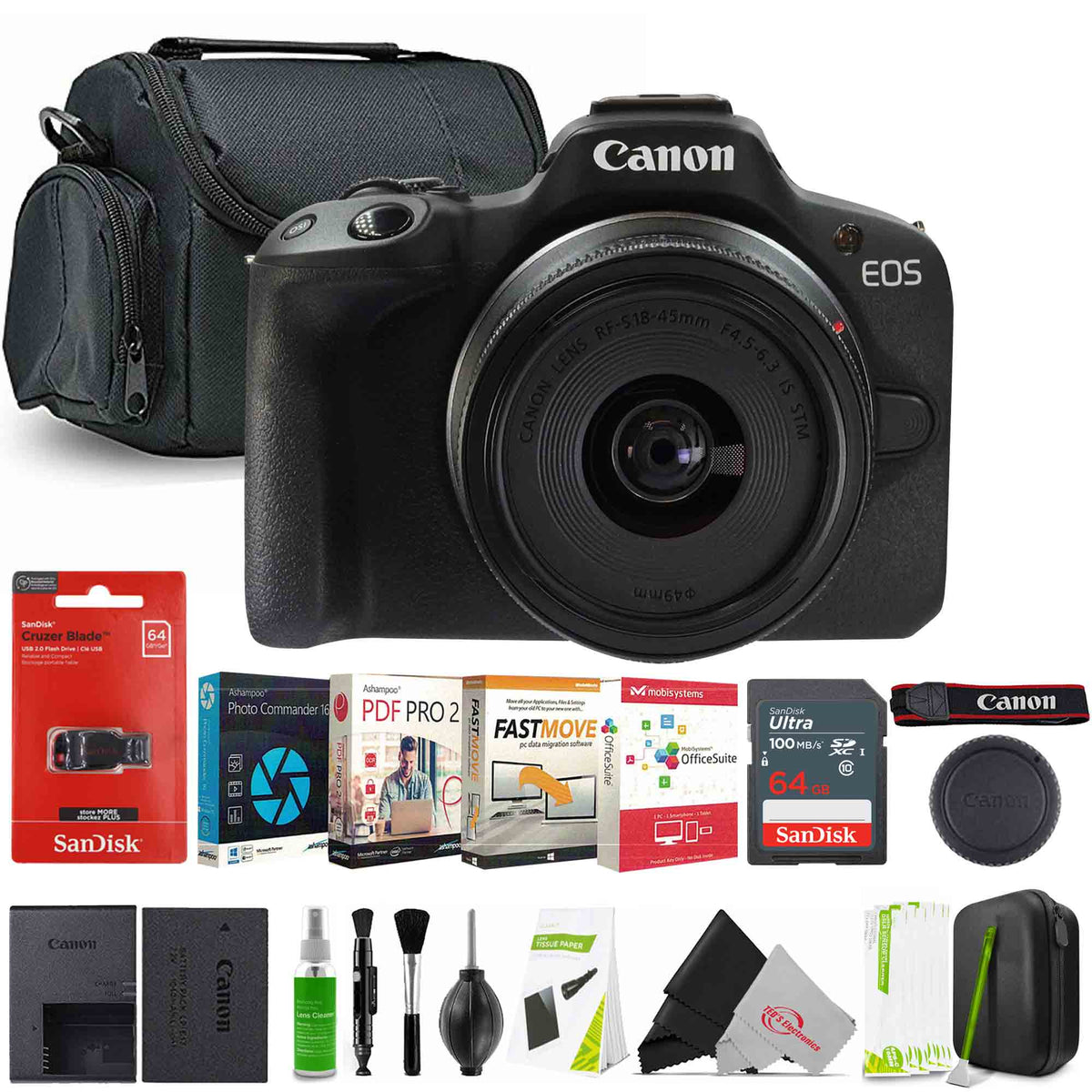 Canon EOS R50 Mirrorless Camera (Black) + Canon RF-S 18-45mm f/4.5-6.3 IS STM Lens + Sensor Cleaning Kit + Camera Case + Editing Software + 64GB Memory Card + 64GB USB Flash Drive