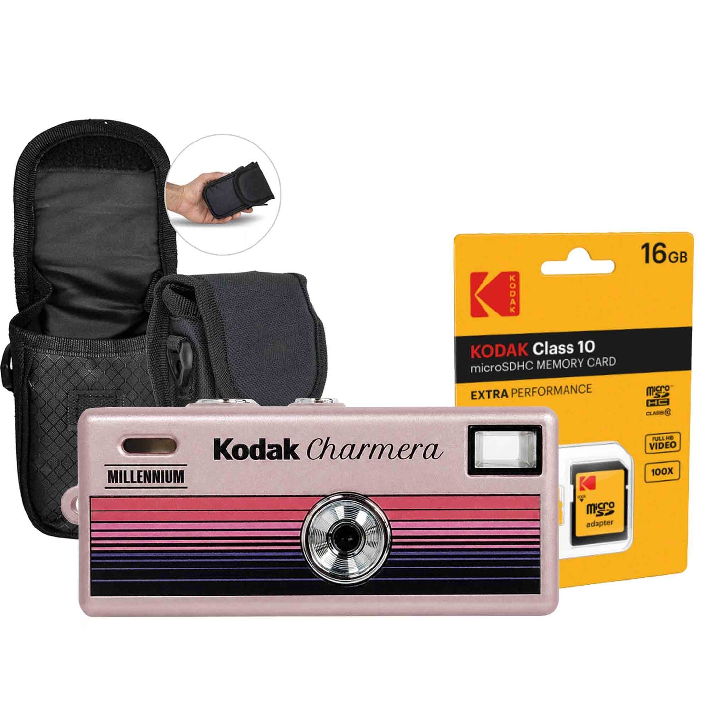 Kodak Charmera Millennium Edition Keychain Digital Camera (Blind Box) + Kodak 16GB Premium Performance microSDHC Memory Card with SD Adapter + Compact Camera Case