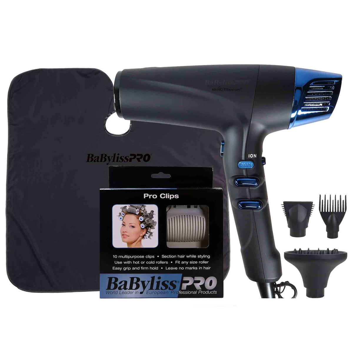 BaByliss Pro Limited-Edition Nano Titanium Professional High-Speed Dual Ionic Dryer Black & Blue #BNTMB9100 + Clips for Rollers + Cutting Cape