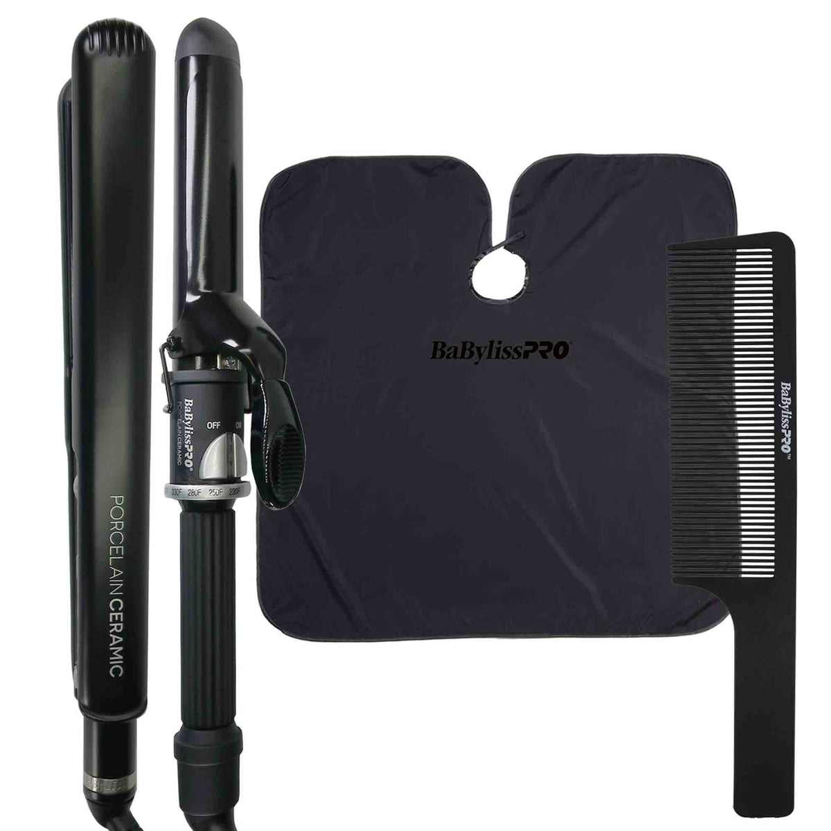 BaByliss Pro Porcelain Ceramic Limited Edition Straightening Iron 1" and Spring Curling Iron 1¼" Styling Set #BPCPP6UC + 9 Inch Clipper Comb + Professional Cutting Cape