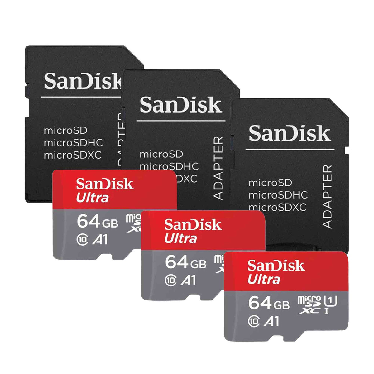 SanDisk Ultra microSD 64GB 140MB/s Memory Card (x3) + SD Adapter (x3)