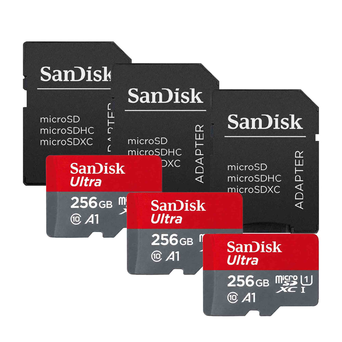 SanDisk Ultra 256GB microSDXC UHS-I Memory Card (x3) + SD Adapter (x3)
