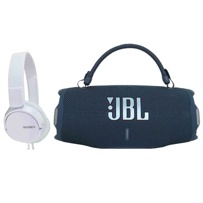 JBL Charge 6 Portable Waterproof Bluetooth Speaker (Blue) + On-Ear Wired Headphones (White)