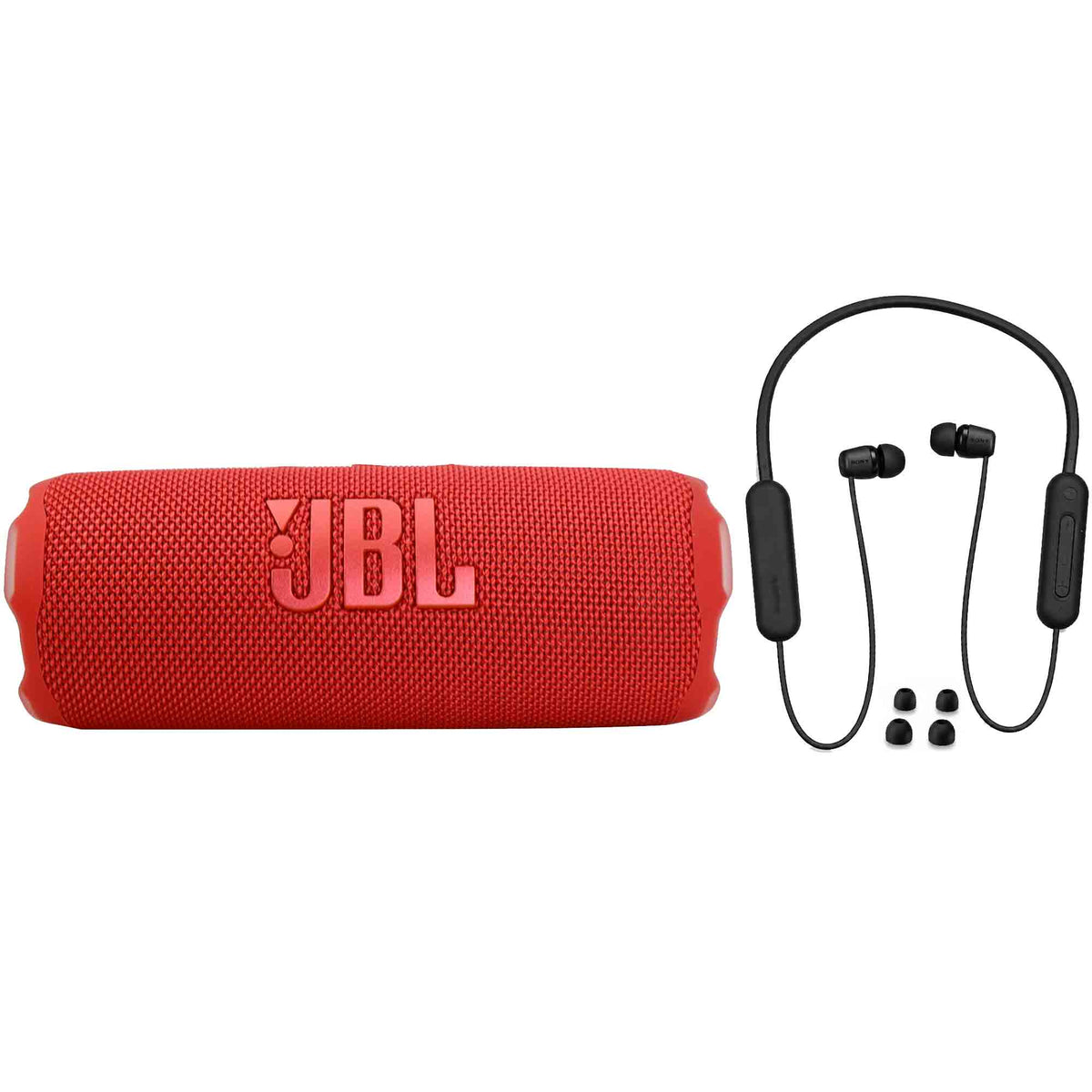 JBL Flip 7 Portable Waterproof Bluetooth Speaker (Red) + Sony WI-C100 Wireless In-Ear Headphones - Black