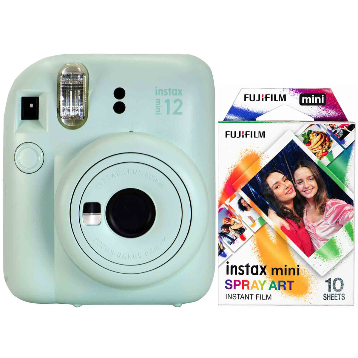 FUJIFILM INSTAX MINI 12 Instant Film Camera (Mint Green) + Instant Film (Spray Art, 10 Exposures)