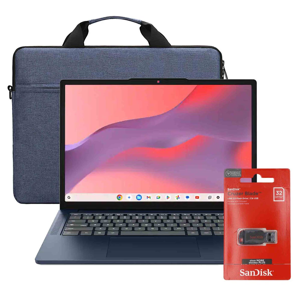 Lenovo IdeaPad Slim 3 Chromebook 14" 2K Touchscreen Laptop - MediaTek Kompanio 540 2025, 4GB Memory, 64GB eMMC (Cosmic Blue) + SanDisk Cruzer Blade USB Flash Drive - 32GB (Red) + Laptop Briefcase Bag