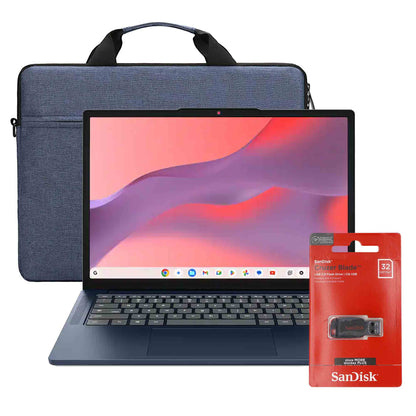 Lenovo IdeaPad Slim 3 Chromebook 14" 2K Touchscreen Laptop - MediaTek Kompanio 540 2025, 4GB Memory, 64GB eMMC (Cosmic Blue) + SanDisk Cruzer Blade USB Flash Drive - 32GB (Red) + Laptop Briefcase Bag